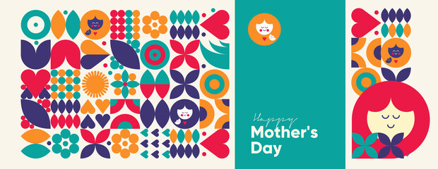 Fototapeta Mom's day. Women's Day. Vector flat illustration. Abstract backgrounds, patterns about mothers day. Hearts, abstract geometric shapes. Perfect for poster, label, banner, invitation. obraz