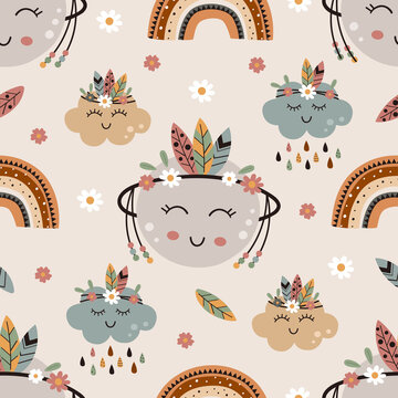 seamless pattern with tribal planet, rainbow and cloud