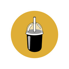 Black silhouette of a glass with a drink in a yellow circle. Local restaurant with cocktails. Takeaway coffee and tea. Smartphone user interface button. 