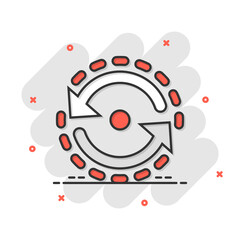 Oval with arrows icon in comic style. Consistency repeat vector cartoon illustration on white isolated background. Reload rotation business concept splash effect.