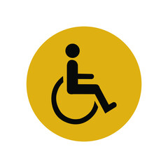 Black silhouette of a man in a wheelchair in a yellow circle. Disabled person in society. Wheelchair. A patient who cannot walk. Vector graphics.