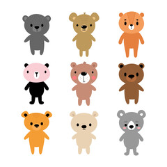 Adorable bears. Set of cute cartoon animals. Fits for designing baby clothes. Hand drawn smiling characters. Happy animal