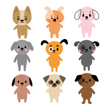 Adorable dogs. Set of cute cartoon animals. Fits for designing baby clothes. Hand drawn smiling characters. Happy animal