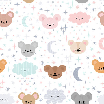 Cute seamless pattern for kids with cartoon little mouses. Children background with moon, stars and clouds. Lovely animals