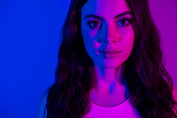 Cropped photo of young attractive girl fluorescent light nightclub isolated over bright color background