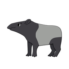 Vector cute outline doodle cartoon Malayan or Asian tapir. Isolated hand drawn illustration on white background, side view. Tapir looks to the left.