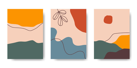 A collection of three abstract backgrounds. Hand drawing various shapes and doodle objects. Trendy modern contemporary vector illustration. Every background is isolated. Pastel color.