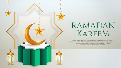 3d product display green and white podium themed islamic with crescent moon, lantern and star for ramadan