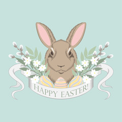 Vector image of an Easter bunny with Easter eggs and flowers. Happy easter. Template for banner, flyer, print, postcard.
