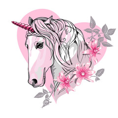 Vector illustration. Portrait of the white Unicorn with flowers and leaves on a pink heart background. Poster, emblem composition, hand drawn style print.