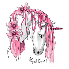 Vector illustration. Portrait of the white Unicorn with a pink mane and flowers. Magical dream - lettering quote. Poster, t-shirt composition, hand drawn style print.