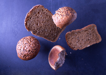 Flying bread on a blue background.