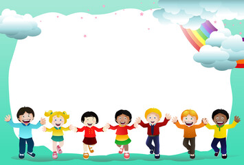 cheerful group kids on cloud rainbow