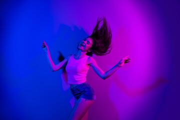 Photo of adorable carefree lady closed eyes toothy smile enjoy free time disco isolated on gradient background