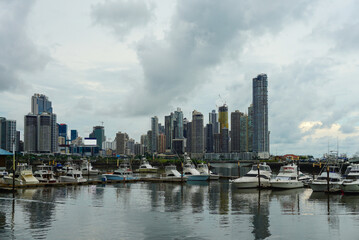 Panama city skyline with boats in the foreground