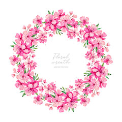 Obraz na płótnie Canvas Hand painted watercolor wreath with pink Apple and Cherry flowers isolated on white background. Botanical hand drawn illustration for wedding invitations, prints, greeting cards, birthday