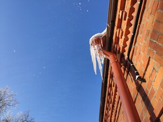 Icicles on the drainpipe of a red brick house