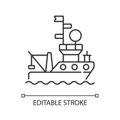 Fototapeta premium Research vessel linear icon. Ship or boat designed and equipped to carry out research at sea. Thin line customizable illustration. Contour symbol. Vector isolated outline drawing. Editable stroke