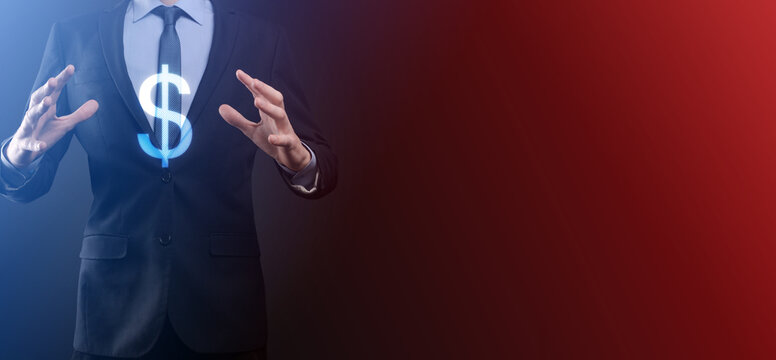 Successful international financial symbol sinvestment concept with businessman man person hold showing growth, charts and dollar sign, digital technology