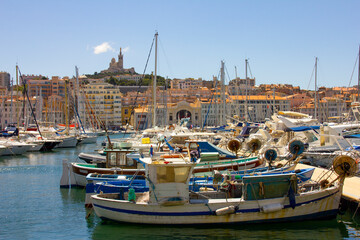View of Marseille's Vieux Port and Notre Dame de la Garde church, France