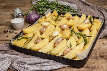 Spiced pieces of raw potato prepared to bake on old table