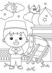 Coloring page of cute muslim boy in front of mosque and bedug. Coloring book design for kids and children.