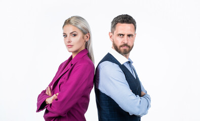 confident business couple in corporate fashion look isolated on white, business fashion