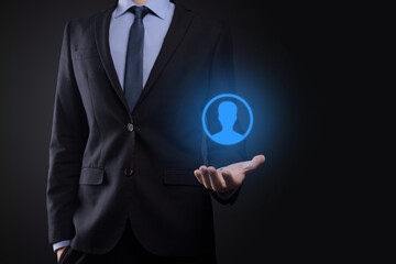 Businessman man holding shopping cart trolley mini cart in business digital payment interface.Business, commerce and shopping concept