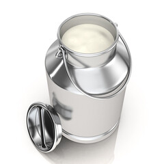 Aluminum milk can container with fresh milk. Metal dishes for transporting and preserving milk, isolated on white background