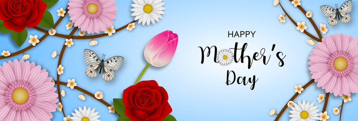 happy mother's day banner with flowers and butterflies - obrazy, fototapety, plakaty