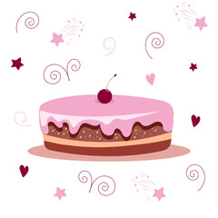 Sweet cake with cream and cherry on top. Vector illustration isolated on a white background.
