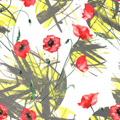 Watercolor background. yellow, black spot, cracker, balls. Red poppy. Beautiful abstract background. round abstract spot. For fabric, cover, packaging, material, scarf. Watercolor splash 