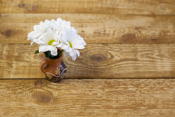 Small white fresh daisies in a brown clay vase on a light wooden background close-up