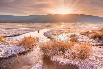 Beautiful Death Valley California landscape at sunset with salt creek in view