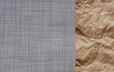 Top view photo of Crumpled craft paper and Beige mat of dry wicker fiber as texture, background.