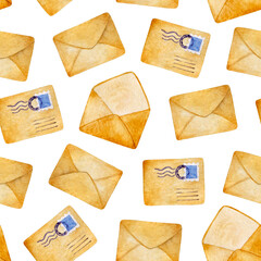 Watercolor paper letters in retro envelops with postal stamps. Seamless pattern on a white background. Vintage wrapping paper and fabric design. Postcrossing and scrapbooking print