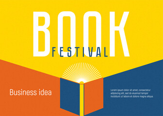 Banner for book festival. Open book as flashlight. Vector minimalist background with textures. Design template for a library, education theme. Concept of striving for success. Blue, yellow, red colors