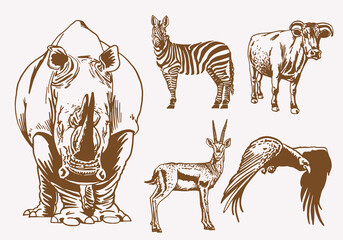 Sepia set of wild animals,illustration for printing 