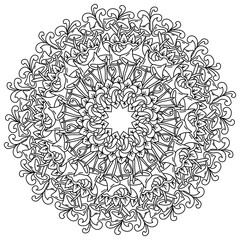Mushroom mandala with fantasy flowers and curls, zen coloring page with natural elements