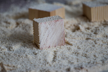 Woodwork, small blocks of wood and sawdust