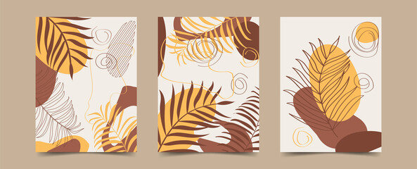 Vector design of trendy art cards with tropical leaves elements. Templates for cover, invitation, poster, brochure, poster, greeting card, flyer and more.