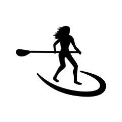 Stand up paddle logo. Girl standing on SUP and holding a paddle.Trendy types of water activities. Vector icon in flat style
