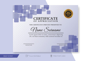 Blue certificate template of appreciation. Modern, simple with gold badge