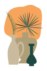 Abstract minimalist print with colorful palm trees and vases.