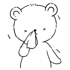 The bear chills and has a cold. He holds a handkerchief, wipes his runny nose. Cartoon character illustration for decoration in pet artwork advertising, clip art, textbook for small children.