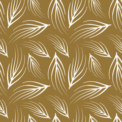 Abstract floral seamless pattern with outline white leaves on golden background. Vector illustration.