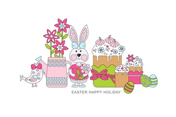Holiday Happy Easter. Easter cakes and eggs. Spring flowers and bird, Easter bunny. Vector illustration. Easter card.
