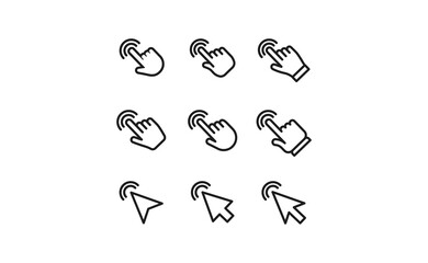Arrow and hands click icons. Pointer vectors clicking.