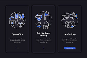 Future worksite environs onboarding mobile app page screen with concepts. Openness, hot desk walkthrough 3 steps graphic instructions. UI, UX, GUI vector template with linear night mode illustrations