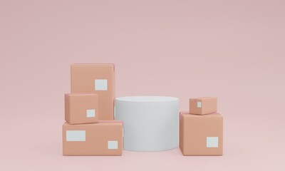 3D rendering Pink minimal abstract geometric background White minimalist podium scene, surrounded by the Delivery box for cosmetics or other products